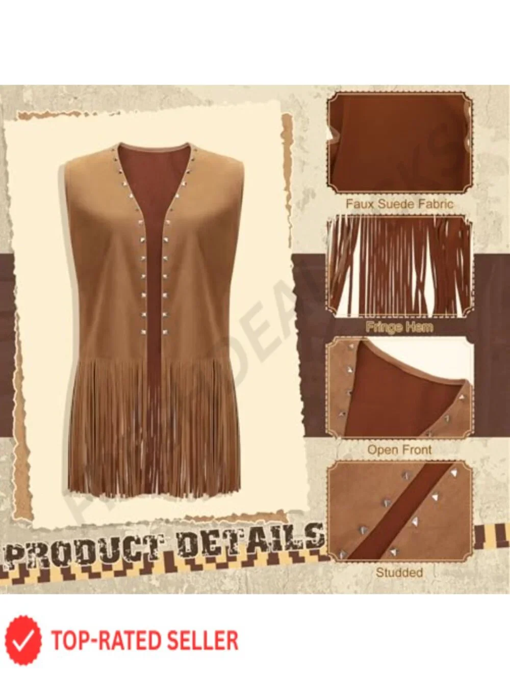 Faux Suede Western Fringe Vest with Rivets Sleeveless